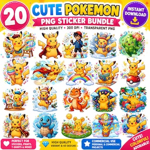 May include: A digital sticker bundle featuring 20 colorful illustrations of Pikachu and other characters in various activities, including painting, wearing winter gear, and flying, with the text 20 CUTE POKEMON PNG STICKER BUNDLE.