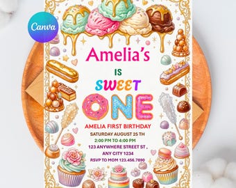 Zaproszenie na urodziny Sweet One, motyw Candyland Sweets na drugie urodziny, edytowalny szablon, natychmiastowe pobranie