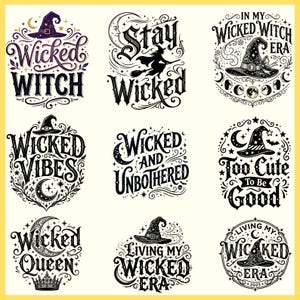 Può includere: Una collezione di nove disegni grafici in bianco e nero con cappelli da strega, lune crescenti, stelle e testi tra cui Wicked Witch, Stay Wicked, In My Wicked Witch Era, Wicked Vibes, Wicked and Unbothered, Too Cute To Be Good, Wicked Queen e Living My Wicked Era.