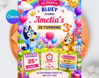 Szablon zaproszenia urodzinowego Bluey & Bingo, edytowalne zaproszenie Canva, cyfrowe pobranie na imprezę Bluey, natychmiastowy dostęp, możliwość wydruku