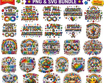 Autism Awareness PNG Bundle, 25 SVG Designs, Sublimation Clipart, Autism Quote Bundle, Cricut Files, Instant Download, T-Shirt Mug Tote