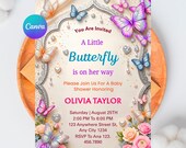 Butterfly Baby Shower Invitation for Girl, Editable Pink & Purple Baby in Bloom Invite, Printable Canva Template, Instant Download