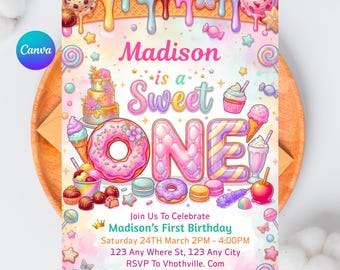 Zaproszenie urodzinowe Sweet One, motyw pastelowych słodyczy, edytowalny szablon Canva (pobranie cyfrowe)