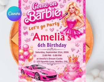 Edytowalne zaproszenie urodzinowe dla lalki modowej, różowe zaproszenie dla dziewczynki inspirowane Barbie, szablon Canva do natychmiastowego pobrania