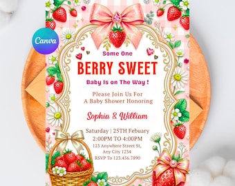 Zaproszenie na baby shower z jagodami i słodkim nadzieniem, Truskawkowe zaproszenie na baby shower, Baby shower dla dziewczynek, Edytowalny szablon Canva, Do druku, Natychmiastowe pobranie