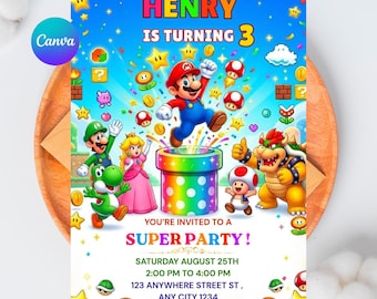 Zaproszenie urodzinowe Mario Galaxy, zaproszenie na imprezę z grą wideo w kosmosie dla chłopców, edytowalny szablon Canva 5x7, natychmiastowe pobranie cyfrowe