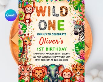 Zaproszenie urodzinowe Wild One Safari, zaproszenie na pierwsze urodziny w dżungli dla chłopców lub dziewczynek, motyw lwa, żyrafy i zebry, edytowalny szablon Canva