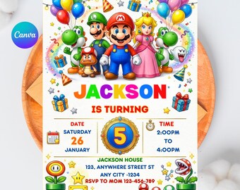 Zaproszenie urodzinowe Super Mario Galaxy, zaproszenie na imprezę dla graczy z kosmosu, karta z grą wideo dla chłopców, szablon Canva, natychmiastowe pobranie, 5x7