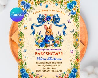 Zaproszenie na baby shower z motywem Królika Piotrusia i niebieskiego króliczka dla chłopca, mały króliczek w drodze, edytowalny szablon Canva, do druku i natychmiastowego pobrania