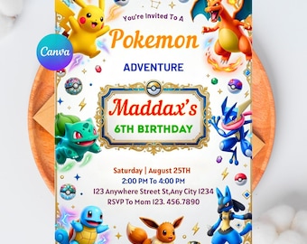 Szablon zaproszenia urodzinowego Pokemon do edycji w Canva – Zaproszenie na imprezę dla dzieci Pikachu, spersonalizowane, do natychmiastowego pobrania, do druku cyfrowego