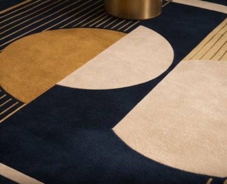 Hand Tufted Wool Area Rug, Navy Blue Gold Art Deco Geometric Mid ...