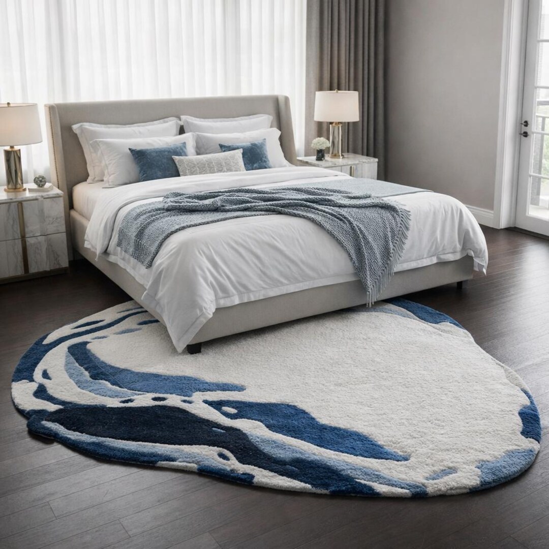 Large Blue and White Irregular Shaped Rug | 3D Carved Abstract Water ...