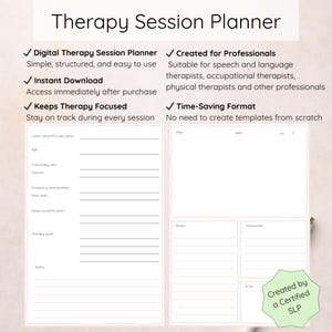 Peut inclure: Un modèle de planificateur de séance de thérapie numérique intitulé Therapy Session Planner, avec des sections pour les détails du client, les plans de séance, les notes et les devoirs. Un badge vert clair affiche Created by a Certified SLP.