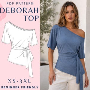Könnte beinhalten: Ein PDF-Schnittmuster für das Deborah-Top, bestehend aus einem blauen One-Shoulder-Shirt mit kurzen Ärmeln und einer seitlichen Bindeschleife. Das Bild zeigt eine technische Skizze neben einem Foto des fertigen Kleidungsstücks in den Größen XS-3XL.