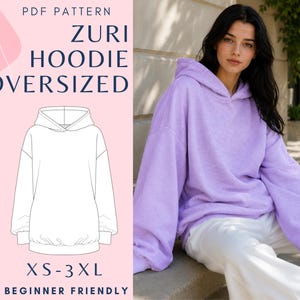 Op de afbeelding: Een PDF-patroon voor een oversized Zuri-hoodie in de maten XS-3XL. De afbeelding toont een technische lijntekening van een hoodie met lange mouwen, geribbelde boorden en een zoom, naast een foto van een persoon in een lichtpaarse hoodie.