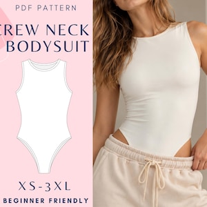 May include: A PDF pattern for a crew neck bodysuit in sizes XS-3XL. The image displays a technical line drawing of a sleeveless, form-fitting bodysuit alongside a photograph of the garment worn with light-colored drawstring sweatpants.