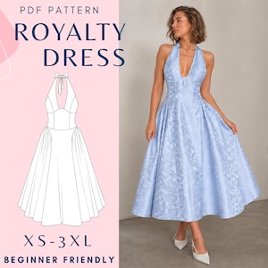 May include: A light blue midi dress with a halter neckline and a subtle floral pattern. The image includes text reading PDF PATTERN ROYALTY DRESS XS-3XL BEGINNER FRIENDLY and a technical line drawing of the dress design on a pink background.