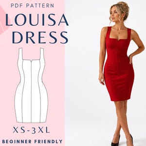 May include: A PDF pattern for the Louisa Dress, featuring a sleeveless, knee-length red dress with a square neckline and a notched center front detail. The graphic includes a technical line drawing of the dress and text stating XS-3XL.