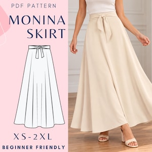Puede incluir: Un patrón en PDF para la falda Monina, tallas XS-2XL, con un diseño apto para principiantes. La imagen muestra un dibujo técnico de una falda larga de cintura alta, con un lazo frontal en la cintura y silueta acampanada en beige.
