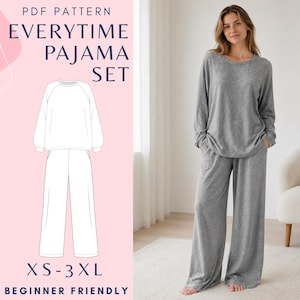 Puede incluir: Un patrón en PDF para un conjunto de pijama Everytime en tallas XS-3XL, con un dibujo lineal de una camiseta de manga larga y pantalones anchos. El conjunto incluye una camiseta gris de manga larga y pantalones anchos a juego.