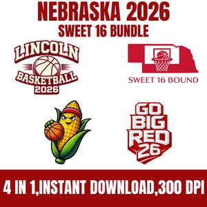 Paquete PNG de Nebraska Basketball 2026 Sweet 16 Bound, diseño de camiseta retro de Huskers March Madness, descarga de sublimación Lincoln Gameday DTF 4pk.