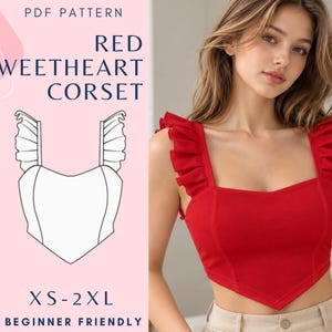 May include: A red corset top featuring a sweetheart neckline and ruffled shoulder straps. The design includes a pointed hemline. The image includes text that reads PDF PATTERN, RED SWEETHEART CORSET, XS-2XL, and BEGINNER FRIENDLY.