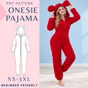 May include: A red fuzzy onesie pajama with a hood featuring round ears and a front zipper closure. The image includes text reading PDF PATTERN ONESIE PAJAMA XS-3XL BEGINNER FRIENDLY and a white line drawing of the garment design.