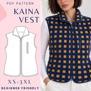 May include: A PDF pattern for the Kaina Vest in sizes XS-3XL, featuring a beginner-friendly design. The image displays a technical line drawing of a sleeveless zip-up vest alongside a textured navy blue and mustard yellow checkered fleece vest.