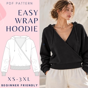 May include: A black long-sleeve wrap hoodie with a V-neckline, a hood with drawstrings, and ribbed cuffs and hem. The image includes a white line drawing of the hoodie and text that reads PDF PATTERN EASY WRAP HOODIE XS-3XL BEGINNER FRIENDLY.