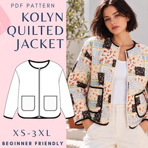 Op de afbeelding: Een PDF-patroon voor de Kolyn doorgestikte jas, met een witte lijntekening van een jas met lange mouwen, een ronde halslijn, een ritssluiting en twee opgestikte zakken. De tekst luidt Kolyn Quilted Jacket, XS-3XL.