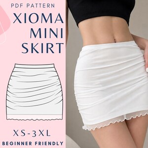 May include: A white mini skirt with a ruched design and a lettuce edge hem. The image includes a digital illustration of the skirt and text that reads PDF PATTERN XIOMA MINI SKIRT XS-3XL BEGINNER FRIENDLY, showcasing the garment's style and fit.