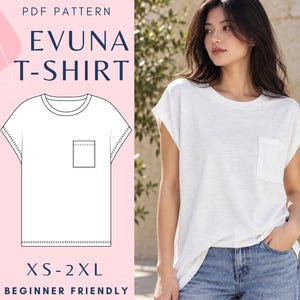 May include: A white t-shirt with a chest pocket and short sleeves, presented alongside a technical line drawing labelled PDF PATTERN EVUNA T-SHIRT XS-2XL BEGINNER FRIENDLY, showing the garment construction and sizing details for this sewing project.