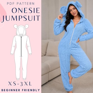 May include: A light blue, long-sleeved, hooded onesie jumpsuit with a front zip fastening and bear-like ears on the hood. The text on the left reads PDF PATTERN ONESIE JUMPSUIT XS-3XL BEGINNER FRIENDLY, accompanied by a white line drawing of the garment.