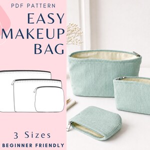 May include: A PDF pattern for an easy makeup bag in 3 sizes, beginner friendly. The image displays three light green corduroy zippered pouches of varying sizes, alongside a white line drawing illustration of the three bag shapes.
