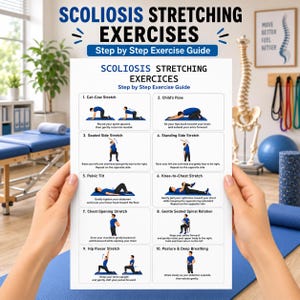 Op de afbeelding: Een witte instructieposter getiteld Scoliosis Stretching Exercises met tien genummerde illustraties van fysieke bewegingen. Elke sectie bevat een blauwe afbeelding van een persoon die een specifieke rekoefening uitvoert met tekstinstructies.