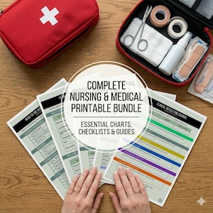 May include: A red first aid kit with a white cross, open black case with medical supplies, and printed nursing and medical charts. The charts include the text "COMPLETE NURSING & MEDICAL PRINTABLE BUNDLE" and "ESSENTIAL CHARTS, CHECKLISTS & GUIDES."