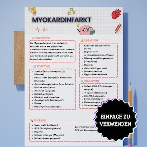 以下が含まれることがあります： グリッド背景にMYOKARDINFARKTと題された医療用学習シート。定義、症状、原因、診断、治療のセクションがあり、電球、心臓、脳、鉛筆のイラストと、黒い星型のラベルが描かれています。