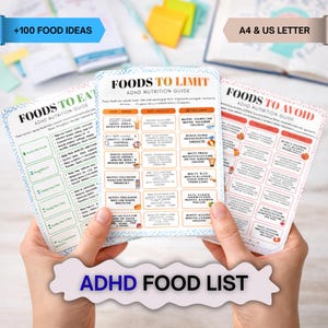 May include: Three printed guides titled "Foods to Eat", "Foods to Limit", and "Foods to Avoid" for ADHD nutrition. The guides are held in hands and feature lists of food suggestions. The text "ADHD Food List" is displayed at the bottom.