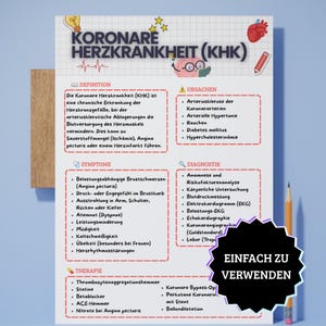 以下が含まれることがあります： KORONARE HERZKRANKHEIT (KHK)と題された教育的な医療チャートで、定義、原因、症状、診断、治療のセクションがあります。電球、心臓、脳、鉛筆のイラストが描かれており、黒い星型のラベルが付いています。