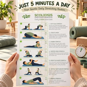 May include: A white instructional poster titled JUST 5 MINUTES A DAY Your Gentle Daily Stretching Routine and SCOLIOSIS STRETCHING EXERCISES. It features seven numbered illustrations of a person performing stretches with text instructions.