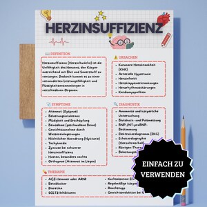 以下が含まれることがあります： HERZINSUFFIZIENZと題された医療教育用チャート。定義、原因、症状、診断、治療のセクションがあり、電球、心臓、脳、鉛筆のイラストが方眼紙の背景に描かれています。