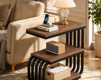 Narrow End Table with 3-Tier Storage, Industrial Side Table, Rustic Bedside Stand, Modern Accent Table for Living Room, Bedroom, Office