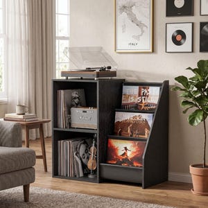 Record Player Stand with 3 Tier Vinyl Storage – Turntable Table with Album Organizer Shelf – Wooden Media Console for Living Room