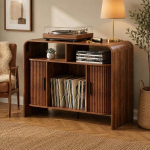 Vinyl Record Player Stand with Sliding Doors, Mid Century Modern Cabinet, Walnut Record Storage Console, Fluted Media Cabinet for Vinyl LPs