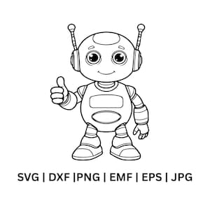May include: Black and white illustration of a friendly robot with a thumbs-up gesture. The robot has a round head, large eyes, and antenna. The image includes the text "SVG | DXF | PNG | EMF | EPS | JPG".