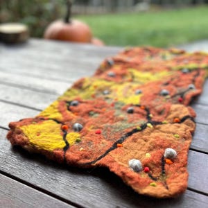Autumn Wonderland of fall forest, tree roots, moss and gold, red and orange leaves: Waldorf German play mat or seasonal tabletop decoration.