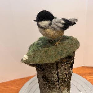 Lifelike needle felt Chickadee figurine, realistic artisan art