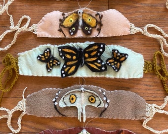 Boho Waldorf Moth and Butterfly Birthday Crowns with crochet ties