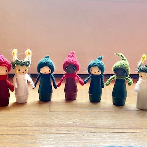 German style crocheted wool, wool and wire elves and gnomes and St. Lucia, Waldorf and Montessori, hand painted wood figures