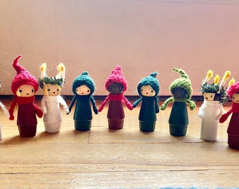 German style crocheted wool, wool and wire elves and gnomes and St. Lucia, Waldorf and Montessori, hand painted wood figures